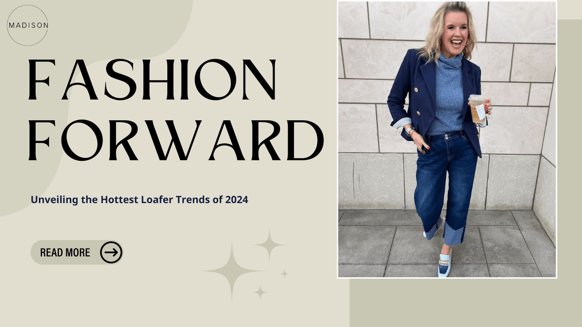 A woman in a blue blazer and wide-leg jeans holding a coffee cup, featured on a "Fashion Forward" graphic.