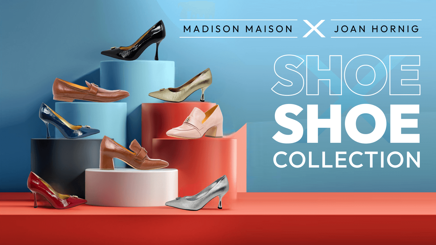A colorful graphic promoting the "Madison Maison x Joan Hornig" shoe collection, featuring multiple high heels on geometric blocks.