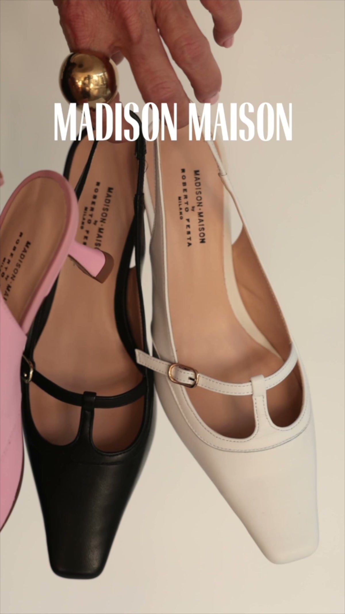 Madison Maison Penny kitten heel slingback in pink, white, and black