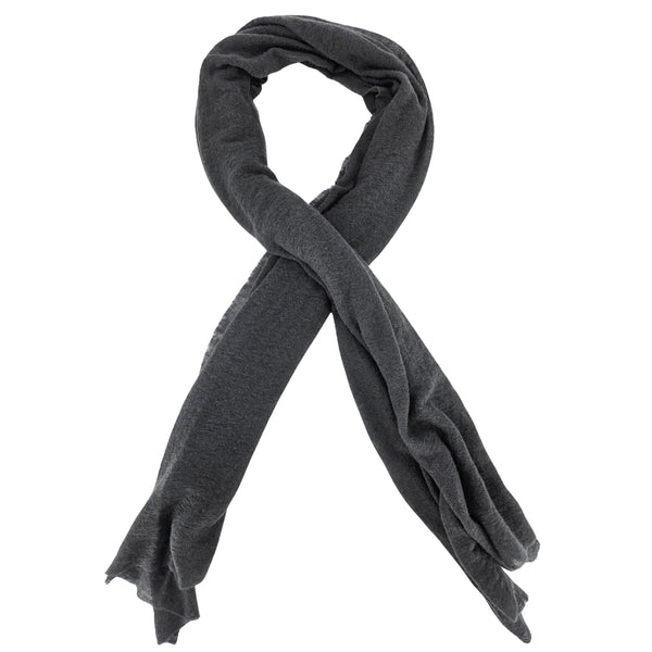 Large steel grey cashmere stole, plain woven with soft drape and fringed ends