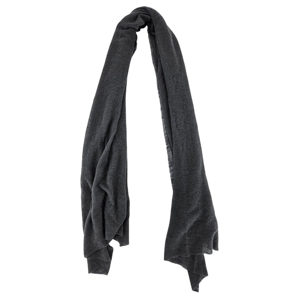 Steel grey cashmere stole with plain weave, long shape, soft folds and fringed hem