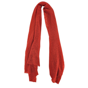 Large red cashmere stole, plain fabric with fringed ends draped in a loop