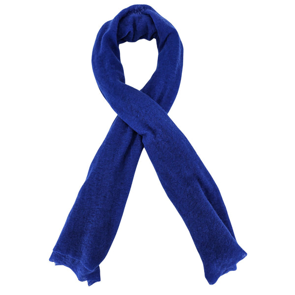 Small cashmere scarf in solid cobalt blue, loosely tied with soft ends