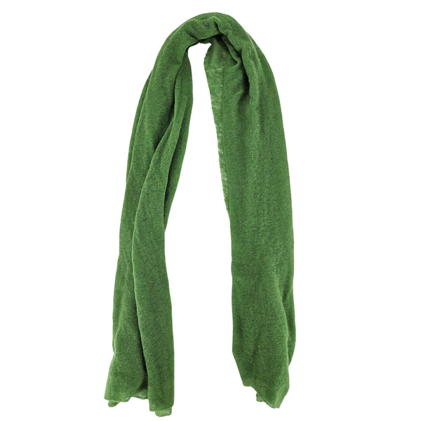 Green cashmere stole with open looped ends, large plain knit