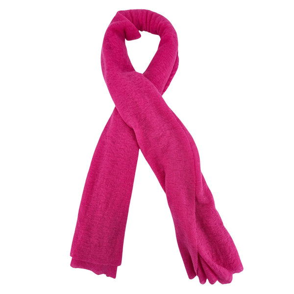Fuchsia cashmere stole with soft drape and plain weave, fringed ends
