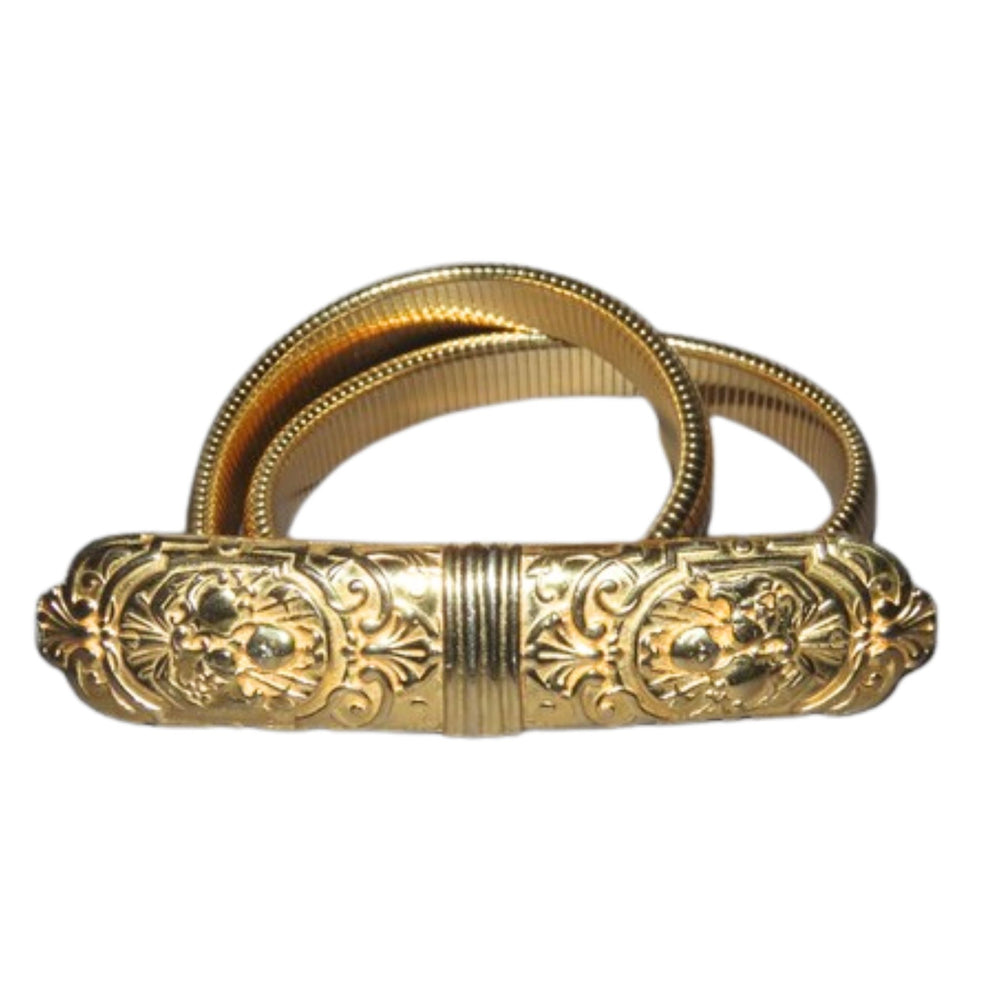 Gold stretch snake belt, ornate engraved bar center with ribbed strap loops