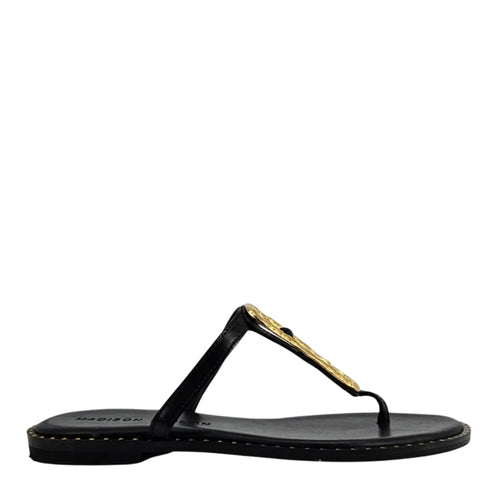 Black leather flat thong sandal with hammered gold link ornament and stitched sole edge
