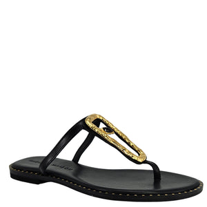 Black leather flat sandal with hammered gold link strap detail and stitched outsole