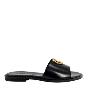 Black leather flat sandal with gold horseshoe buckle