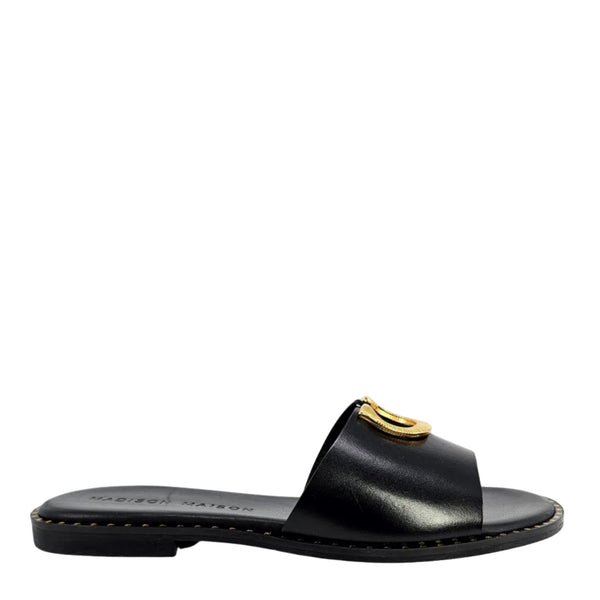 Black leather flat sandal with gold horseshoe buckle