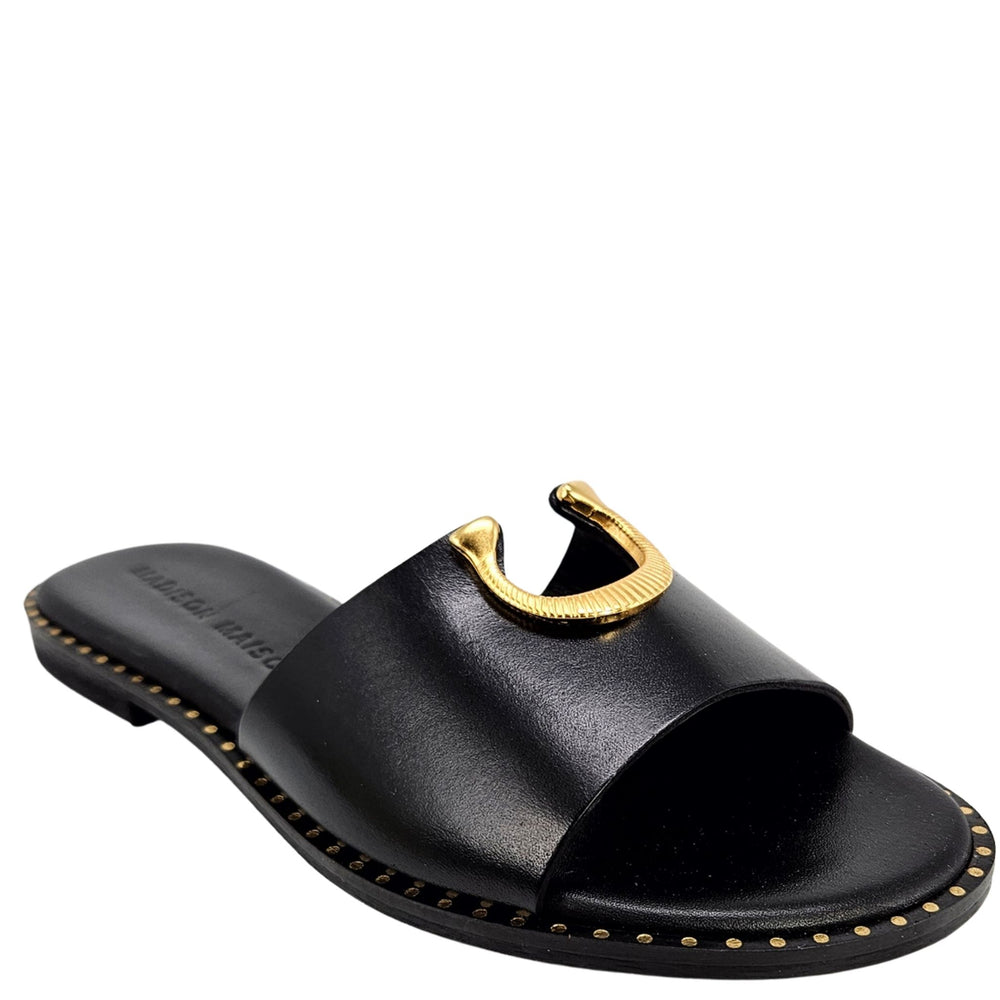 Black leather flat sandal with gold horseshoe buckle