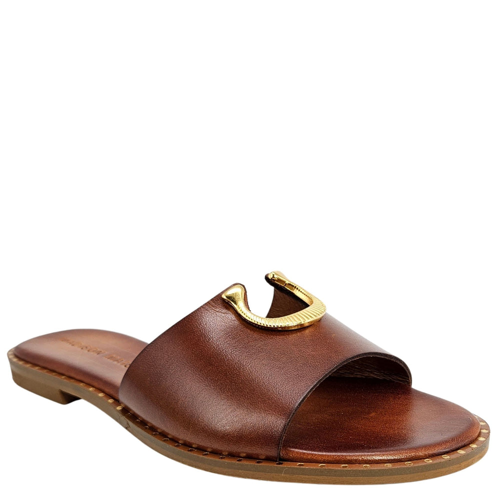 Caramel leather flat slide sandal with horseshoe buckle at the upper