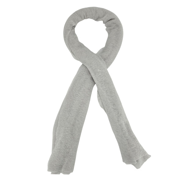 Light gray cashmere plain scarf with fringed ends, looped view