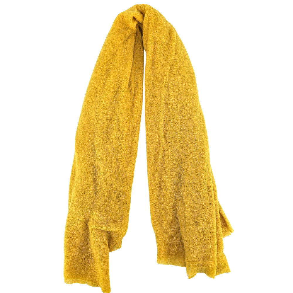 Yellow cashmere stole with long draped ends and plain woven texture