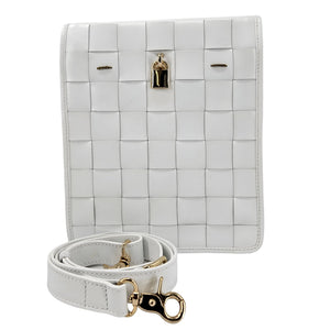 White woven leather crossbody bag with front flap gold lock clasp and detachable strap