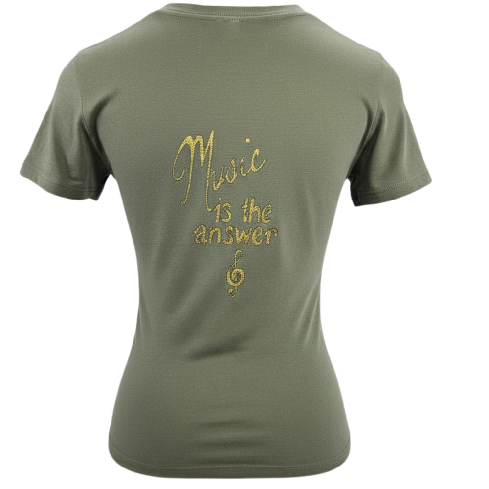Khaki crew-neck T-shirt with small gold music note logo on chest
