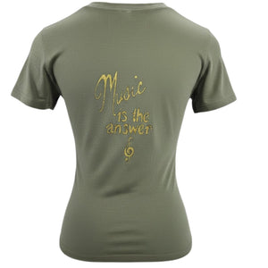 Khaki crew-neck T-shirt with gold Music Is the Answer back print