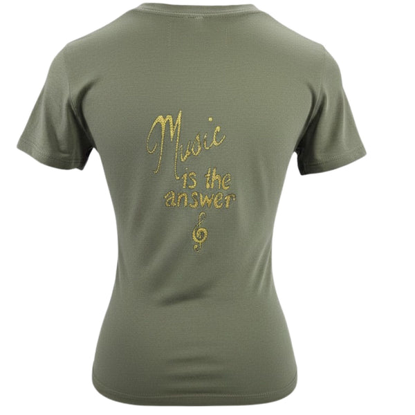 Khaki crew-neck T-shirt with gold Music Is the Answer back print