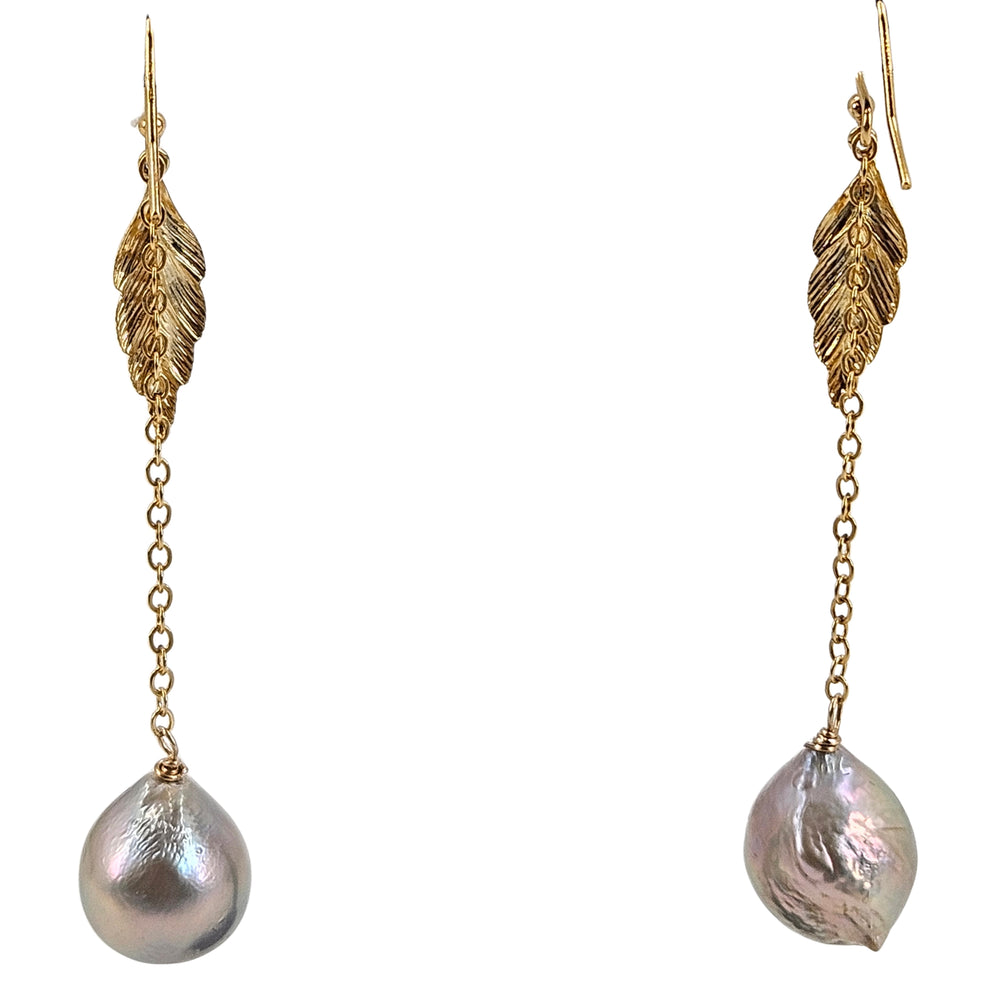 Gold leaf drop dangle earrings with baroque pearl teardrop