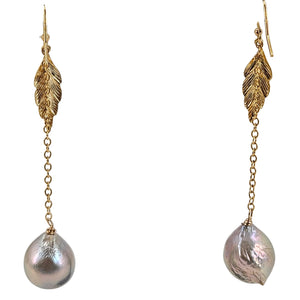 Gold leaf drop dangle earrings with baroque pearl teardrop