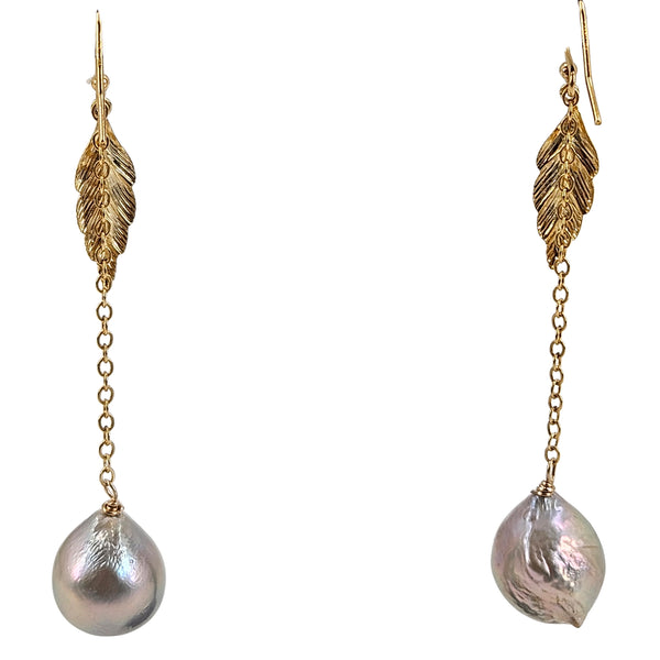 Gold leaf drop dangle earrings with baroque pearl teardrop