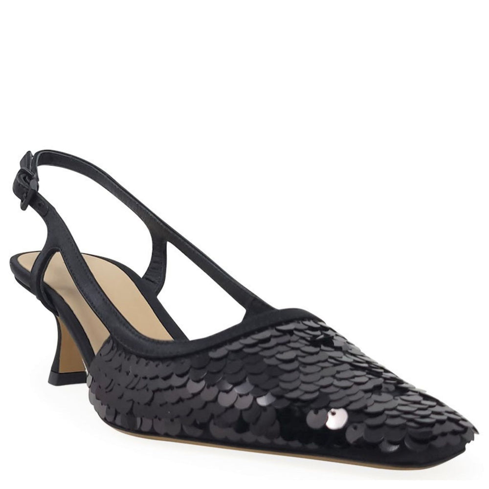 Black sequined slingback heel with pointed snip toe and slim mid heel