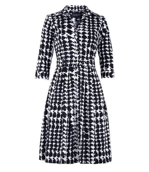 Black-and-white patterned long-sleeve dress with V neck collar and defined waist
