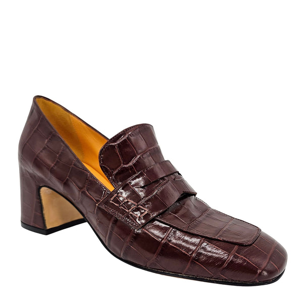 Chocolate croc-embossed leather loafer with moc stitching, strap detail, block heel, 3/4 view