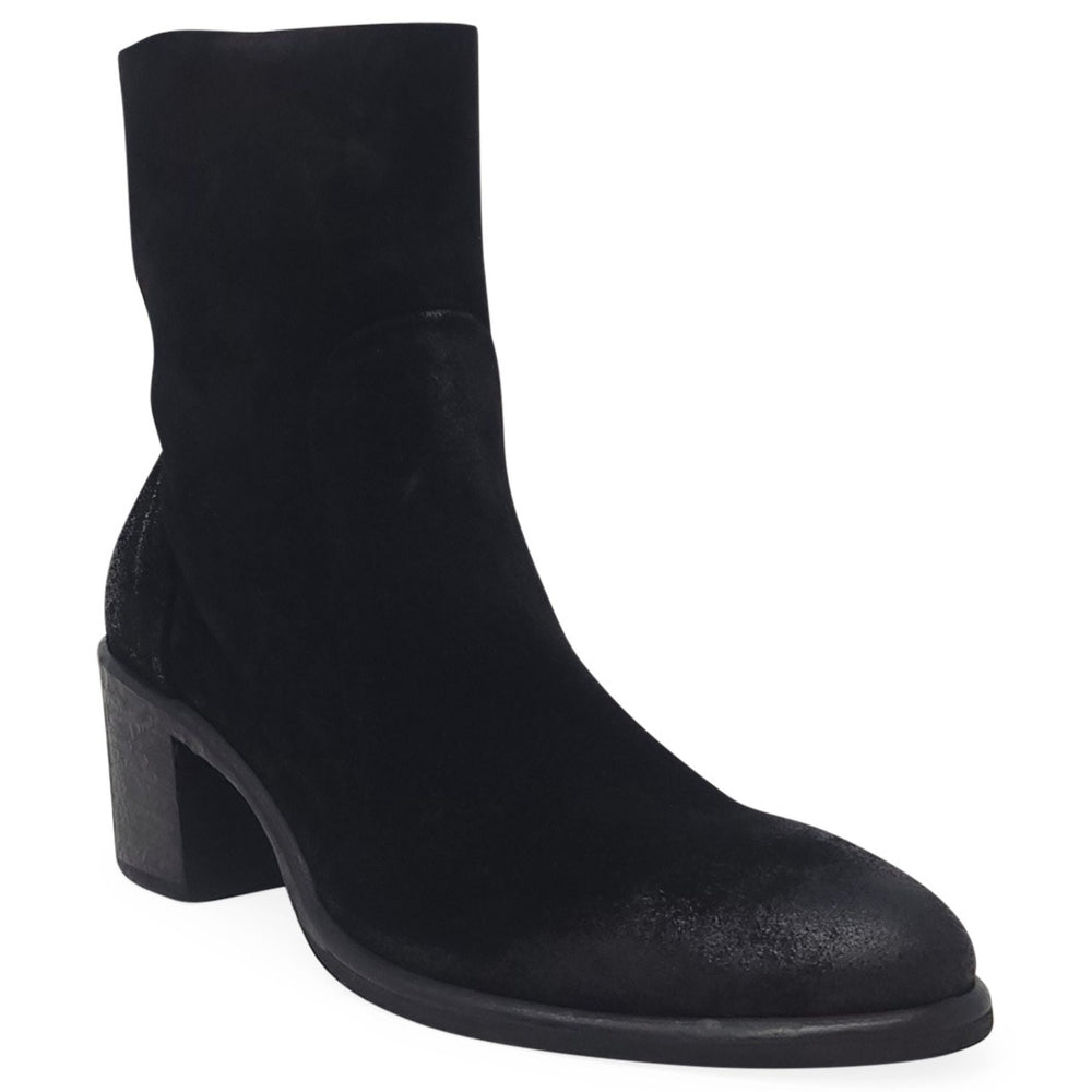 Black suede ankle boot with block heel and almond toe