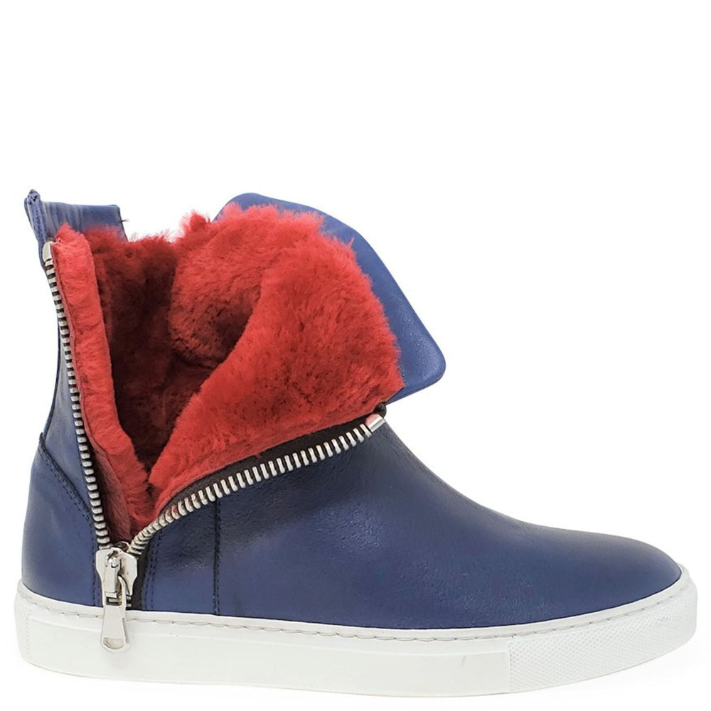Navy leather double-zip shearling ankle boot with white rubber sole