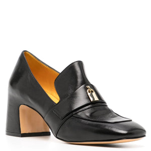 Black leather loafer with gold-tone lock accent and block heel, pointed toe