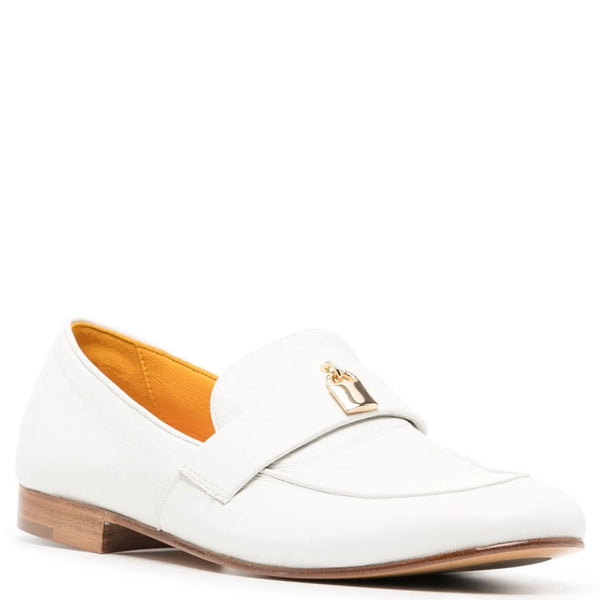 White leather flat loafer, side view with gold buckle detail and low heel