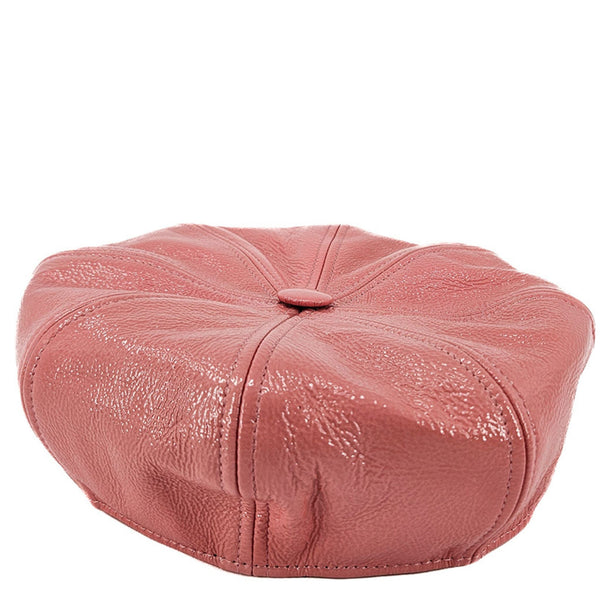 Caramella pink leather motorcycle hat with central button and textured grain