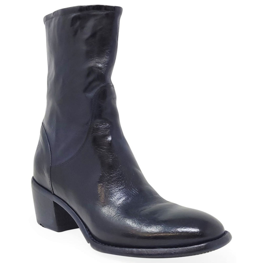 Navy leather mid-calf boot with side pull-on zipper and chunky block heel