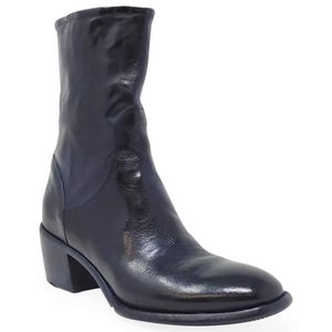 Navy leather mid-calf boot with low stacked heel and side zip