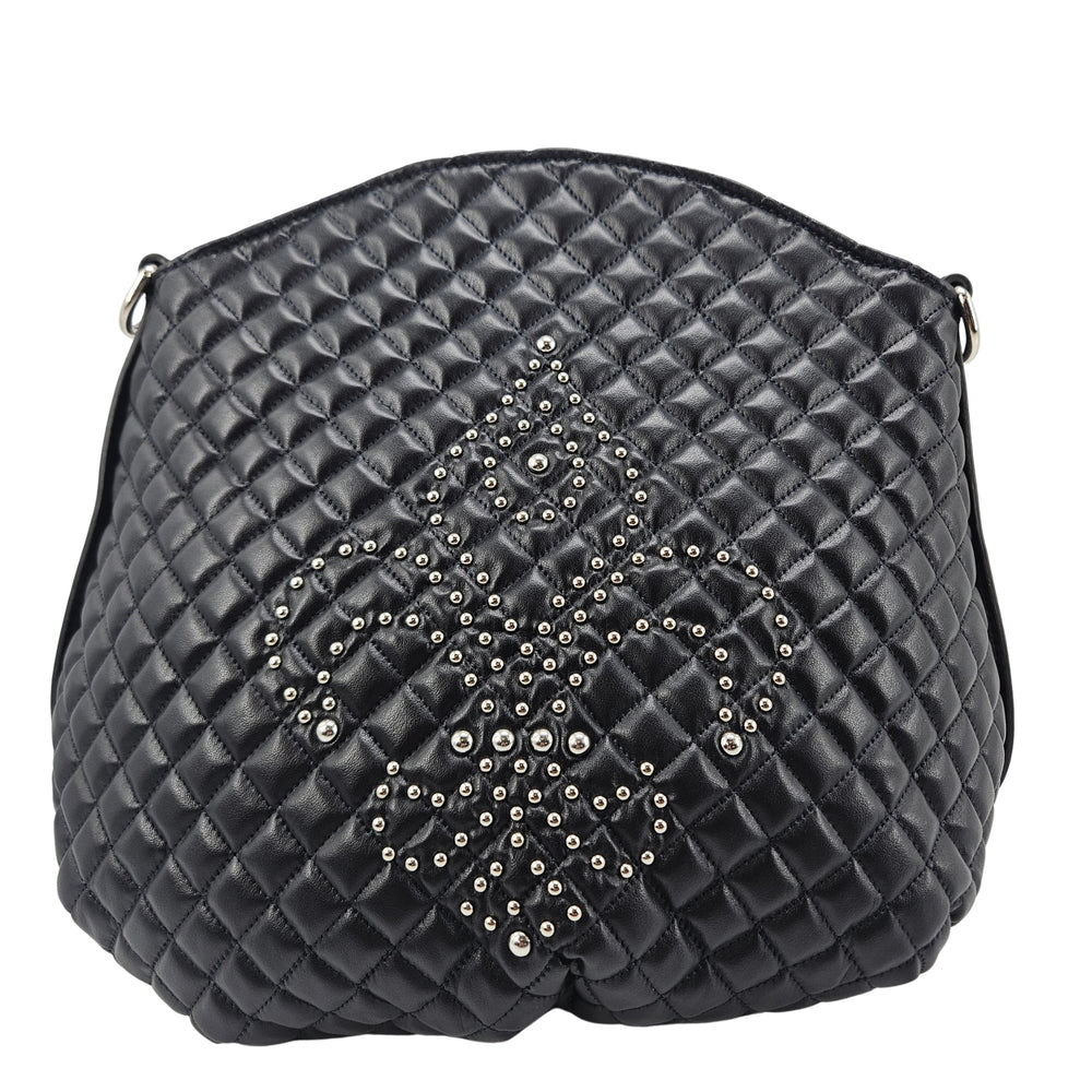 Quilted navy leather shoulder bag with studded fleur-de-lis emblem and metal rings