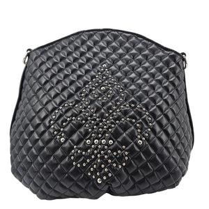 Quilted navy leather shoulder bag with studded fleur-de-lis emblem and metal rings