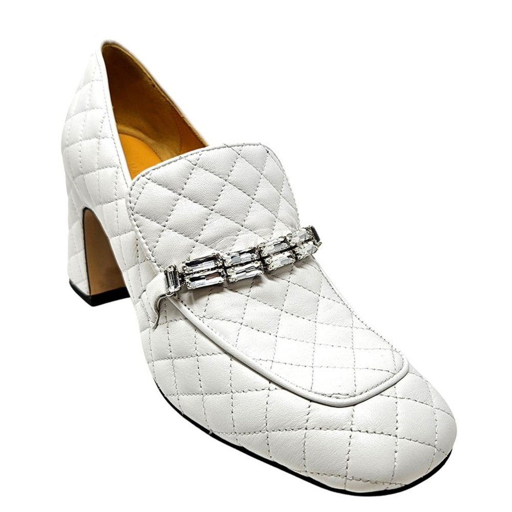 White quilted leather loafer with square heel and rhinestone buckle strap