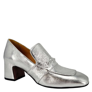 Silver leather loafer with mid block heel, metal bit detail and moc-toe seam