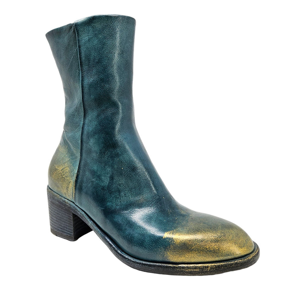 Teal ankle boot with distressed hand-rubbed patina and mid block heel