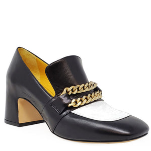 Black leather mid-heel loafer with white front panel and gold chain strap detail