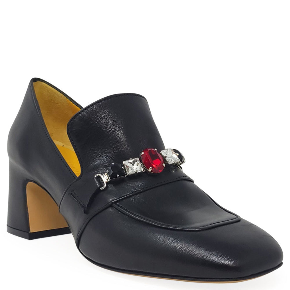 Black leather mid-heel loafer with jeweled buckle on the upper