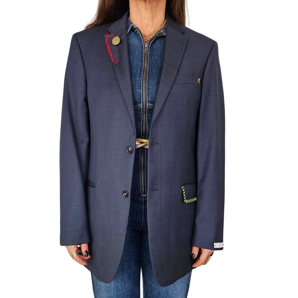 Dark blue blazer with large back graphic print, notched lapels, long sleeves