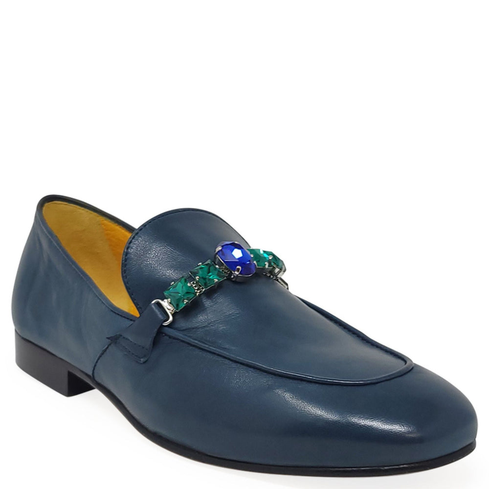 Blue leather flat loafer with colorful jeweled ornament at the top