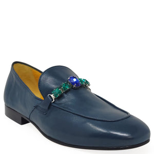 Blue leather flat loafer with jeweled top embellishment and low block heel