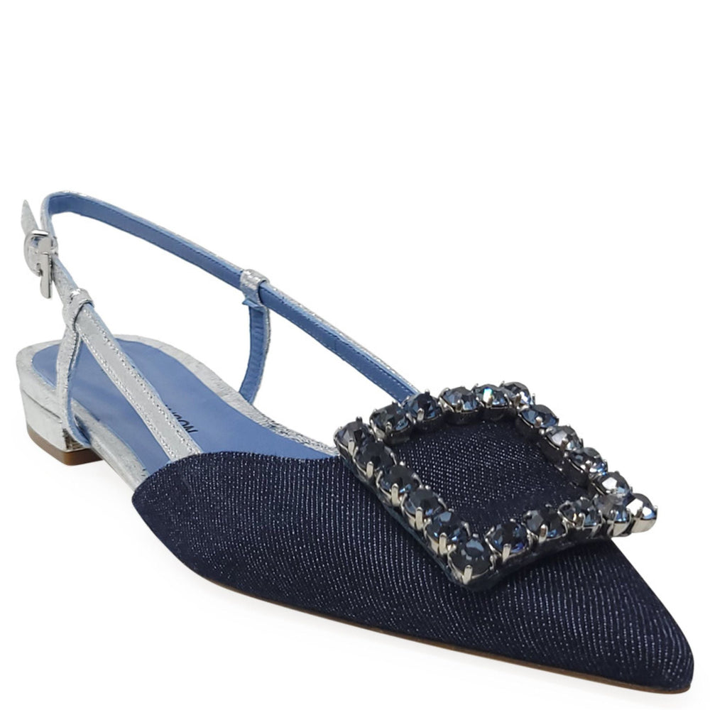 Denim sling-back flat with silver strap, pointed toe, jeweled buckle, low block heel