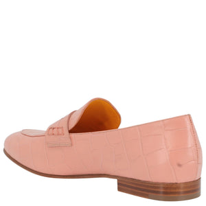 Nude pink croc-embossed leather loafer with moc toe and low brown stacked heel
