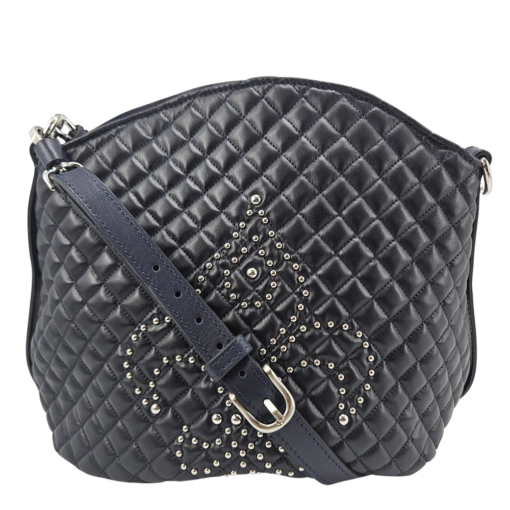 Quilted navy leather shoulder bag with studded fleur-de-lis emblem and metal rings