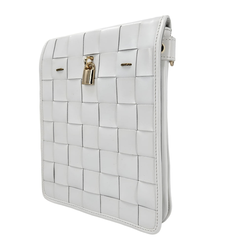 White woven leather crossbody bag with front flap gold lock clasp and detachable strap