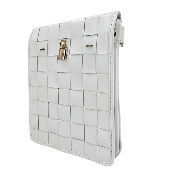 White woven leather crossbody bag with woven texture and gold lock on front flap
